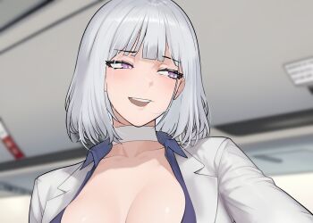 1girl bob_cut choker collarbone commentary facing_viewer gd146 girls'_frontline highres homelander indoors jacket looking_to_the_side medium_hair official_alternate_costume open_mouth purple_eyes purple_shirt rpk-16_(girls'_frontline) rpk-16_(renate)_(girls'_frontline) screenshot_inset shirt solo teeth the_boys upper_teeth_only white_choker white_hair white_jacket