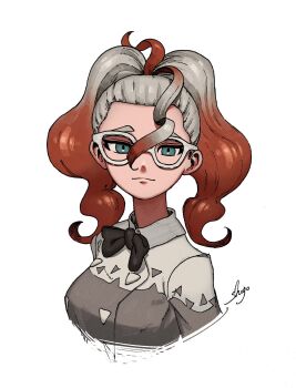 1girl black_bow black_bowtie bow bowtie commentary_request cropped_torso glasses green_eyes grey_hair griselle_(pokemon) highres long_hair looking_at_viewer multicolored_hair nintendo pokemon pokemon_legends:_z-a red_hair shirt shogo_(shogo70449442) signature solo twintails two-tone_hair upper_body white-framed_eyewear white_background