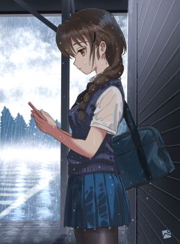 1girl absurdres adapted_costume against_wall bag black_necktie black_pantyhose blue_bag blue_skirt blue_sweater_vest braid breasts brown_eyes brown_hair cellphone cloud cloudy_sky collared_shirt commentary_request from_side girls_und_panzer hair_ornament hairpin highres holding holding_phone kainushi long_braid long_hair looking_at_phone miniskirt necktie pantyhose phone pleated_skirt rain rukuriri_(girls_und_panzer) satchel school_uniform see-through_clothes see-through_sleeves shirt short_sleeves sidewalk single_braid skirt sky smartphone solo st._gloriana's_school_uniform summer_uniform sweater_vest tree water_drop wet wet_clothes wet_hair wet_shirt wet_skirt wet_sweater wet_vest white_shirt