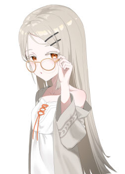 Rule 34 | 1girl, :o, awahuki kani, blonde hair, camisole, collarbone, colored eyelashes, commentary request, gakuen idolmaster, glasses, highres, idolmaster, long hair, looking at viewer, orange eyes, robe, round eyewear, shinosawa hiro, simple background, single bare shoulder, solo, straight hair, upper body, very long hair, white camisole, white robe, yellow-framed eyewear
