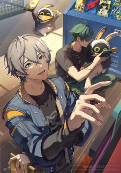 Rule 34 | 2boys, :d, ^ ^, ahoge, aketohgo, arm up, artist name, bandana, bangboo (zenless zone zero), bangboo 6 (zenless zone zero), black footwear, black shirt, blue jacket, boots, buttons, closed eyes, closed mouth, commentary, crossed bangs, dog tags, dvd case, eous (zenless zone zero), green eyes, green hair, green pants, grey hair, hair between eyes, hands up, highres, indoors, jacket, jewelry, layered sleeves, lighter (zenless zone zero), long sleeves, lower teeth only, male focus, multiple boys, necklace, open clothes, open jacket, open mouth, orange bandana, pants, running, scar, scar on arm, shirt, shop, short hair, short over long sleeves, short sleeves, smile, squatting, untranslatable commentary, teeth, twitter username, watermark, wise (zenless zone zero), wooden floor, zenless zone zero, zipper, zipper pull tab