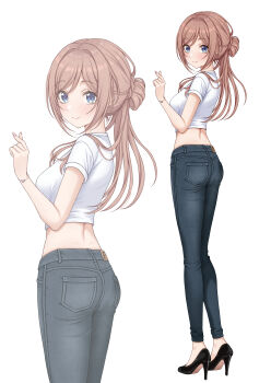 Rule 34 | 1girl, absurdres, ass, blue eyes, blue pants, blush, bracelet, brown hair, closed mouth, denim, finger heart, from behind, gakuen idolmaster, hair bun, high heels, highres, himesaki rinami, idolmaster, jeans, jewelry, long hair, looking at viewer, looking back, pants, shirt, side up bun, single side bun, smile, solo, sulgi park, white shirt