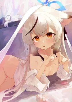 1girl absurdres animal_ears black_hair blue_archive blue_halo commentary_request condom condom_wrapper doodle_sensei_(blue_archive) flat_chest grey_hair halo highres kokona_(blue_archive) loli long_hair multicolored_hair nipples sensei_(blue_archive) shimeji_take solo streaked_hair tiger_ears tiger_girl