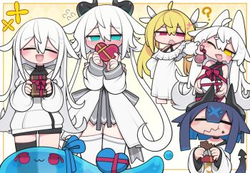 Rule 34 | 4girls, :d, :t, ;d, ?, black dress, black shorts, black thighhighs, blonde hair, blue hair, blush, box, candy, chocolate, chocolate bar, closed eyes, closed mouth, coat, commentary request, cowboy shot, double-parted bangs, dress, eating, fang, flying sweatdrops, food, food on face, grey skirt, hair between eyes, heart-shaped box, holding, holding box, holding chocolate, holding food, horns, jacket, kisaragi kaya, long hair, long sleeves, multiple girls, multiple views, nose blush, off-shoulder dress, off shoulder, one eye closed, open mouth, original, red eyes, short hair, shorts, single thighhigh, skin fang, skirt, sleeveless, sleeveless dress, slime (creature), smile, thighhighs, valentine, white coat, white dress, white hair, white jacket, white thighhighs, yellow eyes, zettai ryouiki