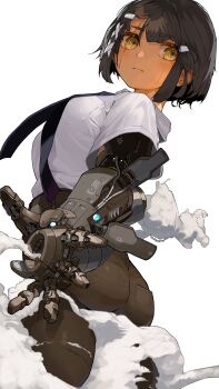 1girl absurdres ass black_hair black_necktie blunt_bangs blush breasts brown_pants cowboy_shot cyborg dark-skinned_female dark_skin dress_shirt from_side hair_ornament hairpin highres looking_to_the_side machine medium_breasts necktie original pants scar scar_across_eye scar_on_face shirt short_hair short_sleeves simple_background solo steam white_background x_hair_ornament yellow_eyes yunimaru