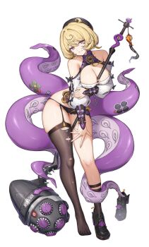 1girl bare_shoulders between_breasts black_hat black_panties black_thighhighs blonde_hair breasts choker cleavage commentary detached_sleeves full_body garter_straps hammer hand_on_own_thigh hat highres key key_choker kiriko_(araragikoyomi) large_breasts looking_at_viewer mole mole_under_mouth monster_girl multicolored_hair octopus panties purple_eyes scylla shirt shoes short_hair single_shoe single_thighhigh smile solo standing tentacle_girl tentacle_tail tentacles thighhighs thiren toes torn_clothes torn_thighhighs underwear variant_set weapon_between_legs yidhari_murphy zenless_zone_zero