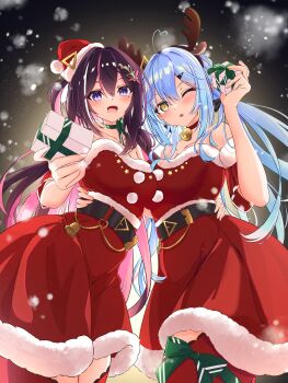 2girls antlers azki_(hololive) bare_shoulders black_hair blue_hair blush breasts christmas cleavage commentary_request cowboy_shot dress elf fake_antlers gift highres holding holding_gift hololive horns large_breasts long_hair mole mole_under_eye multicolored_hair multiple_girls one_eye_closed pink_hair pointy_ears red_dress red_thighhighs reindeer_antlers strapless strapless_dress streaked_hair suzuutsusu thighhighs virtual_youtuber white_hair yellow_eyes yukihana_lamy