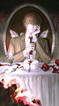 Rule 34 | 1boy, 8knff, absurdres, apple, apple core, brown eyes, brown hair, brown jacket, cake, candle, collared shirt, death note, fire, food, fruit, hair between eyes, head on hand, highres, holding, holding knife, jacket, knife, male focus, necktie, red necktie, shirt, short hair, solo, suit jacket, upper body, white shirt, yagami light