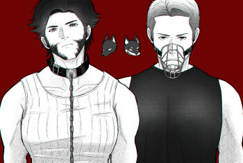 2boys animification chain chain_leash closed_mouth collar collarbone commentary_request deadpool dog doghooouse facial_hair head_tilt highres large_pectorals leash looking_at_viewer male_focus marvel monochrome multiple_boys muscular muscular_male muzzle_(mask) pectorals short_hair sleeveless smile tank_top wolverine_(x-men) x-men x-men_film_series x-men_origins:_wolverine