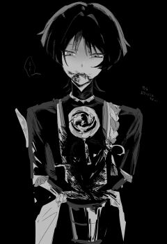 Rule 34 | ..., 1boy, absurdres, black background, blood, blood from mouth, blood on clothes, blood on face, blunt ends, bodysuit, commentary request, genshin impact, hair intakes, highres, japanese clothes, jewelry, kimono, l2 hh7, looking at viewer, male focus, mandarin collar, mitsudomoe (shape), neck ring, rope, scaramouche (genshin impact), shimenawa, short sleeves, single sode, sketch, solo, spoken ellipsis, tassel, tomoe (symbol), translation request, tsurime, upper body, wispy bangs