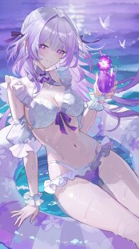 Rule 34 | 1girl, alternate costume, bikini, bright pupils, castorice (honkai: star rail), frilled bikini, frills, highres, holding, honkai: star rail, honkai (series), long hair, nanjo maya, purple eyes, smile, solo, swimsuit, white bikini, white pupils
