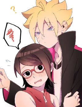 1boy 1girl :/ ? black_eyes black_hair black_jacket blonde_hair blue_eyes blush boruto:_naruto_next_generations commentary_request facial_mark flying_sweatdrops glasses height_difference highres jacket jewelry naruto_(series) necklace red-framed_eyewear short_hair spoken_squiggle squiggle sweat toco_(love-hmhm-tocotoco) uchiha_sarada uzumaki_boruto wavy_mouth whisker_markings