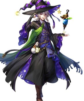 1boy boots bridal_gauntlets cape dragonstone fire_emblem fire_emblem_fates fire_emblem_heroes green_cape hat hat_ornament highres lantern looking_at_viewer male_corrin_(fire_emblem) male_corrin_(halloween)_(fire_emblem) moon_(ornament) nintendo non-web_source official_alternate_costume official_art open_mouth pointy_ears red_eyes smile solo star_(symbol) star_hat_ornament star_print stitches tachi-e white_background wizard_hat