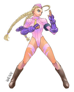 Rule 34 | 1girl, ass, braid, cammy white, capcom, female focus, fingerless gloves, garrison cap, gloves, hat, leotard, pink hat, purple gloves, solo, street fighter, street fighter zero, twin braids, walnov