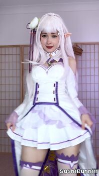 Rule 34 | 1girl, animated, ass, bra, breasts, cosplay, covering privates, emilia (re:zero), grabbing own breast, navel, nipples, nude, panties, pussy, re:zero kara hajimeru isekai seikatsu, real life, shaking, small breasts, solo, sound, sushibunniii, tagme, thighhighs, underwear, undressing, video, white hair