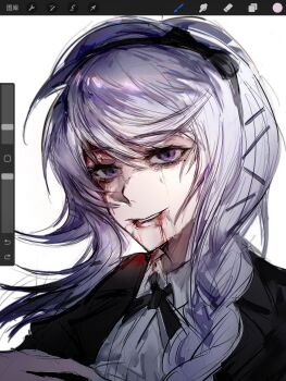 1girl art_program_in_frame black_bow black_hairband black_jacket black_ribbon blood blood_from_forehead blood_from_mouth blood_on_clothes blood_on_face bow braid chinese_commentary commentary_request crying crying_with_eyes_open hair_ornament hairband hairclip hand_on_own_chest highres jacket kirifuji_nozomi lapels lisiqin92746 long_hair mole mole_under_eye neck_ribbon notched_lapels open_clothes open_jacket portrait procreate_(medium) procreate_(software) purple_eyes ribbon shirt side_braid simple_background single_braid sketch smile solo tears the_hundred_line_-last_defense_academy- white_background white_hair white_shirt wing_collar