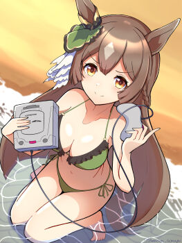 Rule 34 | 1girl, absurdres, alternate costume, animal ears, bikini, blush, braid, brand name imitation, breasts, brown hair, collarbone, commentary request, controller, game console, game controller, hair ornament, half up braid, halterneck, highres, horse ears, horse girl, houton tamago, long hair, looking at viewer, medium breasts, navel, ocean, satono diamond (umamusume), sega, sega saturn, seiza, side-tie bikini bottom, sitting, smile, solo, string bikini, swimsuit, umamusume, yellow eyes