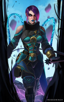 1girl absurdres apex_legends black_bodysuit black_gloves blue_eyes blue_lips blue_skirt bodysuit cable catalyst_(apex_legends) clothing_cutout cloud commentary english_commentary eyebrow_piercing eyeliner eyeshadow face_piercing frown gloves gradient_hair hair_behind_ear highres liquid looking_to_the_side makeup multicolored_hair piercing pink_eyeliner purple_eyeshadow purple_hair realistic rock rosso_winch short_hair shoulder_cutout skirt sky solo v-shaped_eyebrows walking