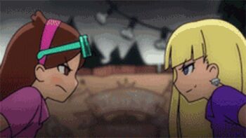 2girls animated animated_gif blonde_hair blouse blue_eyes blue_shirt blunt_bangs blurry blurry_background blush brown_eyes brown_hair kodomo_doushi confrontation depth_of_field diamond_earrings earrings eye_contact eyewear_on_head french_kiss gravity_falls hairband hug jewelry kiss lips loli long_hair looking_at_another lowres mabel_pines mike_inel multiple_girls outdoors pacifica_northwest parted_bangs pink_hairband pink_shirt shirt short_sleeves sideways_mouth sunglasses_on_head upper_body yuri