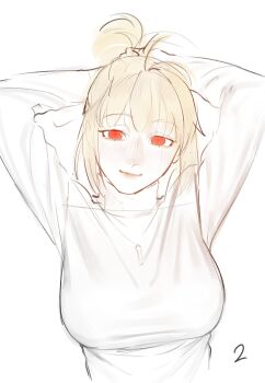 adjusting_hair arcueid_brunestud blonde_hair breasts highres large_breasts leodot looking_at_viewer red_eyes short_hair simple_background sketch smile sweater tsukihime upper_body white_background white_sweater