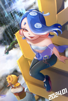 2girls black_pants black_socks blonde_hair blue_hair blue_shawl building cephalopod_eyes chest_sarashi cloud commentary_request dated earrings eyelashes fang floating_hair from_above frye_(deep_cut_outfit)_(splatoon) frye_(splatoon) hair_over_one_eye hairband highres horrorboros in-universe_location inkling jewelry long_hair looking_at_viewer multiple_earrings multiple_girls navel nintendo octoling okobo open_mouth pants platform_sandals red_eyes salmon_run_(splatoon) sandals sarashi shawl shiver_(deep_cut_outfit)_(splatoon) shiver_(splatoon) short_eyebrows signature sitting skyscraper smile snake socks somakusha splatoon_(series) splatoon_3 tabi tentacle_hair thick_eyebrows tooth_earrings torn_clothes torn_pants white_hairband