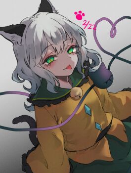 1girl animal_ears bell black_hat blouse blush bow buttons cat_ears cat_girl cat_tail diamond_button eyeball frilled_shirt_collar frilled_sleeves frills green_eyes green_skirt grey_hair hat hat_bow hat_ribbon heart heart_of_string komeiji_koishi light_smile neon_(co2co8) ribbon shirt skirt tail third_eye tongue tongue_out touhou white_background yellow_bow yellow_ribbon yellow_shirt