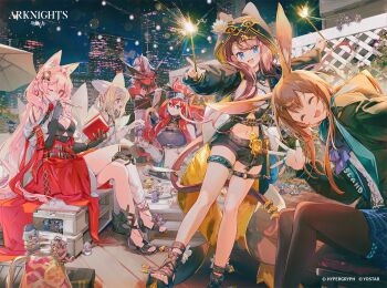 Rule 34 | 6+girls, ^ ^, amiya (arknights), animal ear hood, animal ears, arknights, ascalon (arknights), ascot, bare legs, black jacket, black pantyhose, black shorts, blonde hair, blue ascot, blue eyes, blue hairband, blue skirt, book, braid, braided hair rings, breasts, brown hair, cat ears, cat girl, cat tail, chibi, cleavage, closed eyes, closed mouth, closure (arknights), copyright name, copyright notice, degenbrecher (arknights), demon girl, demon tail, dress, facing viewer, fake animal ears, fireworks, fox ears, fox girl, goldenglow (arknights), green eyes, hair rings, hairband, hoederer (arknights), holding, holding book, holding fireworks, holding pen, hood, hood up, horse ears, horse girl, infection monitor (arknights), jacket, jessica (arknights), jewelry, large breasts, logos (arknights), long hair, long sleeves, looking at viewer, mizuki (arknights), multiple girls, multiple rings, namie-kun, narantuya (arknights), navel, night, official alternate costume, one eye closed, open mouth, pantyhose, party, pen, pepe (arknights), pink hair, pleated skirt, pozyomka (arknights), rabbit ears, rabbit girl, ray (arknights), red dress, red hair, ring, short shorts, shorts, sitting, skirt, small breasts, sparkler, standing, suzuran (arknights), tail, theresa (arknights), thighlet, twin braids, viviana (arknights), w (arknights), wink, wis'adel (arknights), wolf ears, wolf girl