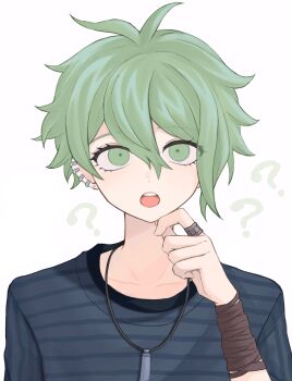1boy ? ?? amami_rantaro antenna_hair black_shirt collarbone danganronpa_(series) danganronpa_v3:_killing_harmony ear_piercing green_eyes green_hair hair_between_eyes highres jewelry looking_at_viewer male_focus necklace open_mouth piercing ring sebon_(sebochin) shirt short_hair simple_background solo striped_clothes striped_shirt tongue upper_body white_background