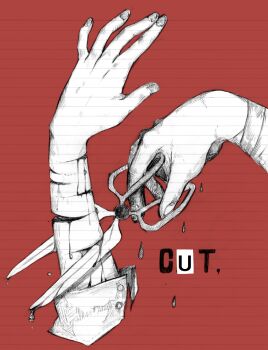 Rule 34 | 1other, ambiguous gender, bandaged arm, bandages, blood, blood drip, commentary request, cuts, english text, greyscale with colored background, hand focus, hand up, hands up, hane umi usagi, holding, holding scissors, injury, monochrome, original, other focus, scissors, self-harm, sleeves rolled up, wrist cutting