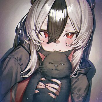 1girl :3 ^_^ absurdres animal betabeet black_cat black_hair black_hoodie blue_archive blush cat closed_eyes closed_mouth hair_between_eyes highres holding holding_animal hood hood_down hoodie kayoko_(blue_archive) long_hair looking_at_viewer multicolored_hair ponytail red_eyes smile streaked_hair white_hair