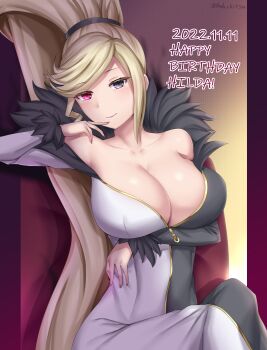 1girl absurdly_long_hair bare_shoulders black_eyes blonde_hair breasts cleavage dated dress fur_trim happy_birthday heterochromia high_ponytail highres hilda_(under_night_in-birth) large_breasts long_dress long_hair looking_at_viewer multicolored_dress off-shoulder_dress off_shoulder ponytail red_eyes sitting smile solo soukitsu swept_bangs twitter_username two-tone_dress under_night_in-birth very_long_hair