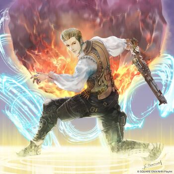 Rule 34 | 1boy, armored boots, balflear, black pants, boots, brown hair, closed mouth, commentary request, dissidia duellum final fantasy, dissidia final fantasy, earrings, fighting stance, final fantasy, final fantasy xii, full body, gun, hair slicked back, highres, holding, holding gun, holding weapon, jewelry, kuramochi satoshi, long sleeves, male focus, multiple rings, official art, on one knee, pants, ring, shirt, short hair, sideburns, signature, solo, square enix, vest, weapon, white shirt