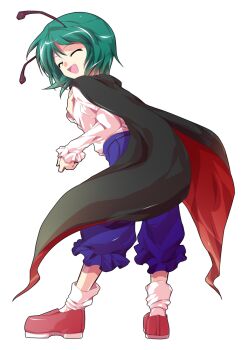 1girl alphes_(style) antennae back black_cape blue_shorts buttons cape closed_eyes commentary_request dairi full_body green_hair imperishable_night juliet_sleeves large_variant_set loafers long_sleeves open_mouth parody puffy_sleeves red_cape red_shoes shirt shirt_tucked_in shoes short_hair shorts smile socks solo style_parody tachi-e touhou transparent_background two-sided_cape two-sided_fabric variant_set white_shirt white_socks wriggle_nightbug