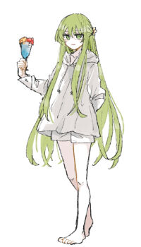 1other androgynous arm_behind_back barefoot bright_pupils closed_mouth commentary_request cup drawstring enkidu_(fate) fate/grand_order fate_(series) full_body green_eyes green_hair holding holding_cup hood hood_down hoodie komisabut long_hair looking_at_viewer other_focus shorts sidelocks simple_background solo standing very_long_hair white_background white_hoodie white_shorts