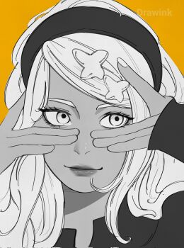 1girl akimichi_chouchou alternate_hairstyle artist_name boruto:_two_blue_vortex commentary dark-skinned_female dark_skin drawink greyscale_with_colored_background hairband highres lips long_hair naruto_(series) orange_background portrait shirt smile solo swept_bangs