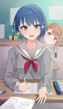 2girls :d blue_eyes blue_hair blush book brown_hair chalkboard classroom collarbone commentary_request desk eraser grey_shirt hair_between_eyes hanasato_minori highres holding holding_pen indoors kiritani_haruka long_hair long_sleeves looking_at_viewer multiple_girls neckerchief open_mouth paper pen pout project_sekai red_neckerchief sailor_collar school_desk shirt short_hair sitting smile sparkle upper_body white_sailor_collar writing yui081