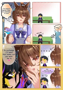 !? 1boy 1girl absurdres agnes_tachyon_(umamusume) ahoge anger_vein animal_ears black_hair brown_eyes brown_hair commentary english_commentary english_text hair_between_eyes higeji_(higeji404) highres horse_ears horse_girl horse_tail medium_hair school_uniform sitting speech_bubble t-head_trainer_(umamusume) tail tracen_school_uniform trainer_(umamusume) umamusume whispering whispering_in_ear