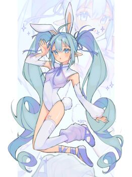 1girl :o alternate_costume animal_ears aqua_hair ballerina ballet_slippers blue_background blue_eyes blue_nails blue_ribbon blue_shoes border commentary detached_sleeves english_commentary full_body hatsune_miku highres leg_warmers leotard long_hair looking_at_viewer milktuart open_mouth pointy_ears purple_leg_warmers rabbit_ears rabbit_tail ribbon shoes simple_background single_leg_warmer single_thighhigh solo standing tail thighhighs thighs twintails vocaloid white_background white_border white_leotard white_sleeves white_thighhighs