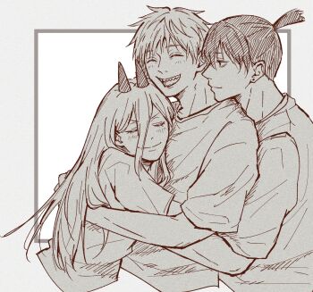 Rule 34 | 1girl, 2boys, akkkknmt, border, chainsaw man, closed eyes, closed mouth, cropped torso, demon girl, denji (chainsaw man), earrings, grey border, greyscale, group hug, hair between eyes, hayakawa aki, highres, horns, hug, jewelry, light blush, long hair, long hair between eyes, looking at another, monochrome, multiple boys, open mouth, ponytail, power (chainsaw man), sharp teeth, shirt, short hair, short ponytail, sketch, smile, t-shirt, teeth, white background