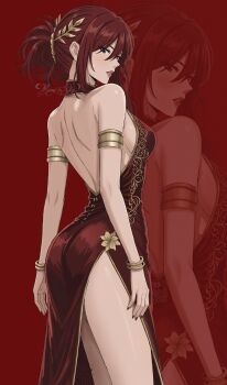 1girl absurdres armlet ass back backless_dress backless_outfit bare_shoulders bracelet breasts brown_eyes commentary dress erza_scarlet fairy_tail from_behind highres jewelry long_hair looking_at_viewer looking_back medium_breasts moonstosky pelvic_curtain print_dress red_background red_hair shoulder_blades side_slit sideboob simple_background sleeveless sleeveless_dress solo standing thighs
