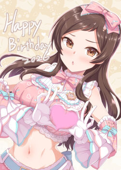 Rule 34 | 1girl, birthday, blush, bow, bowtie, breasts, brown eyes, brown hair, commentary request, dan (orange train), detached sleeves, frilled sleeves, frills, gloves, hair bow, happy birthday, heart, heart-shaped boob challenge, heart hands, idolmaster, idolmaster million live!, idolmaster million live! theater days, kitazawa shiho, long hair, looking at viewer, midriff, navel, pink bow, pink bowtie, sleeveless, solo, sweet dolls (idolmaster), upper body, white gloves