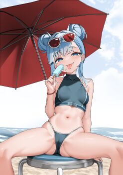 1girl :p absurdres alternate_costume beach beach_umbrella bikini blue_bikini blue_eyes blue_hair braid breasts cameltoe day ear_piercing earrings eyewear_on_head food hand_up highleg highleg_bikini highres holding holding_food holding_popsicle hololive hololive_indonesia jewelry kobo_kanaeru looking_at_viewer multicolored_hair navel on_stool outdoors partially_visible_vulva piercing popsicle raikkonen red-tinted_eyewear short_hair sitting small_breasts solo spread_legs stomach sunglasses swimsuit tinted_eyewear tongue tongue_out twin_braids two-tone_hair umbrella virtual_youtuber white_hair