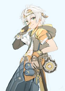 Rule 34 | 1boy, asymmetrical gloves, belt, bennett (adventures in blazing hue) (genshin impact), bennett (genshin impact), blue background, blue shorts, brown gloves, finger to own nose, fingerless gloves, fleuve cendre ferryman (genshin impact), genshin impact, gloves, green eyes, hair between eyes, headband, highres, hood, hood down, looking at viewer, male focus, multicolored headband, shirt, shorts, simple background, single fingerless glove, solo, white shirt, wi st i