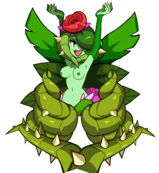 1girl armpits arms_up bare_shoulders breasts breasts_out colored_nipples flower flower_on_head green_nipples highres looking_at_viewer monster_girl nipples open_mouth plant plant_girl red_eyes rose shantae_(series) shantae_and_the_seven_sirens solo third-party_edit thorns topless_female uncensored vines water_lily_siren