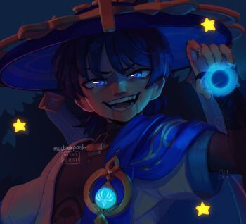 1boy 2023 artist_name black_hair commentary english_commentary genshin_impact highres looking_at_viewer madnopost male_focus portrait purple_eyes scaramouche_(genshin_impact) short_hair smile solo star_(symbol) teeth