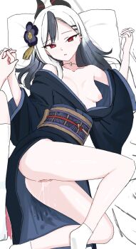 Rule 34 | 1girl, afro (afrodite ja), black hair, black horns, black kimono, blue archive, breasts, bright pupils, flower, grey halo, hair flower, hair ornament, halo, holding hands, horns, interlocked fingers, japanese clothes, kayoko (blue archive), kayoko (new year) (blue archive), kimono, long hair, looking at viewer, lying, multicolored hair, nipples, obi, on back, open mouth, pussy, pussy juice, sash, small breasts, socks, solo focus, two-tone hair, white pupils, white socks, wide sleeves