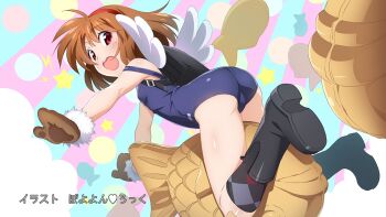 Rule 34 | 1girl, alternate costume, angel wings, anime screenshot, argyle clothes, argyle socks, artist name, ass, backpack, bag, bandaid, bandaid on knee, bandaid on leg, black boots, blue one-piece swimsuit, blush, boots, brown hair, brown mittens, covered erect nipples, dutch angle, end card, fake wings, flat chest, food, from behind, full body, fur-trimmed mittens, fur trim, guest art, hairband, highres, kaginado, kanon, kneehighs, looking at viewer, looking back, medium hair, mittens, non-web source, one-piece swimsuit, open mouth, outstretched arms, red eyes, round teeth, school swimsuit, shoe soles, simple background, socks, solo, star (symbol), swimsuit, taiyaki, tareme, teeth, tsukimiya ayu, upper teeth only, wagashi, watanabe akio, winged bag, wings
