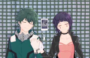 1boy 1girl audio_jack bodysuit boku_no_hero_academia commentary mp3_player earplugs english_commentary green_bodysuit green_hair highres holding_hands jacket jiro_kyoka listening_to_music lying midoriya_izuku on_back purple_hair relaxing seshirukun sharing smile
