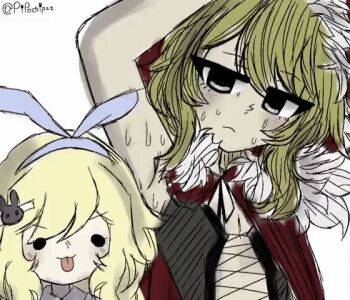 2girls :3 alice_(black_souls) animated animated_gif armpits black_corset black_ribbon black_souls black_souls_2 blonde_hair blue_ribbon cape chibi chibi_inset corset flat_chest fur-trimmed_hood fur_trim hair_ornament hairclip hood long_hair looking_at_another mob_face multiple_girls pipo_(pipochipzz) red_cape red_hood red_hood_(black_souls) ribbon short_hair simple_background sketch solid_oval_eyes sweat tongue tongue_out twitter_username white_background white_eyes
