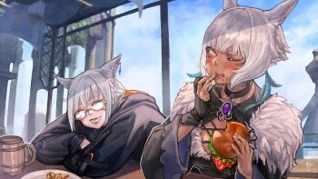 2girls absurdres animal_ears artemi_lunavorsa artist_self-insert breasts burger cat_ears closed_eyes dark-skinned_female dark_skin day earrings eating facial_mark fang feather-trimmed_dress feather_hair_ornament feathers final_fantasy final_fantasy_xiv food glasses gloves grey_eyes grey_hair hair_ornament highres hjz_(artemi) jewelry long_hair medium_breasts miqo'te multiple_girls neck_tattoo one_eye_closed open_mouth partially_fingerless_gloves semi-rimless_eyewear short_hair single_glove skin_fang tattoo under-rim_eyewear whisker_markings y'shtola_rhul